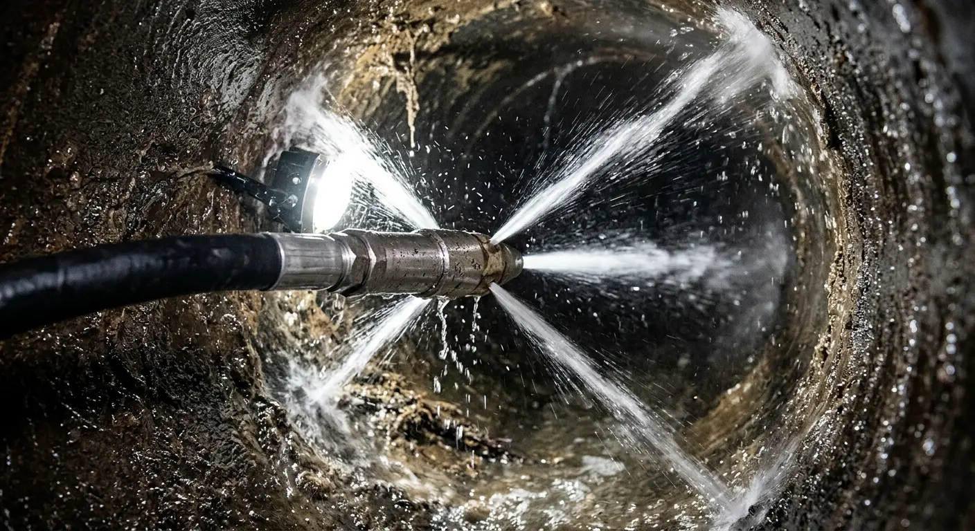 High-pressure hydro jetting nozzle cleaning sewer pipe for Trenchless Sewer Repair in Winchester
